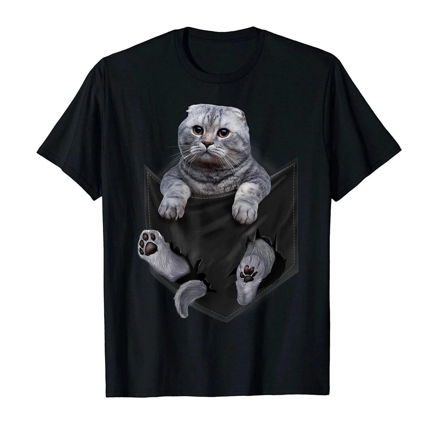 Funny Scottish Fold Cat In Pocket Vintage Cat Lovers Gifts T Shirt. Short Sleeve 100% Cotton Casual T-shirt Loose Top Size S-3XL