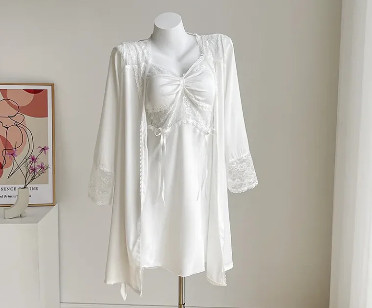 Sleeping Skirt Women's Spring Ice Silk Strap Chest Mat Short Skirt Long Sleeve Sleeping Robe Two Piece Set Sexy Sleepwear