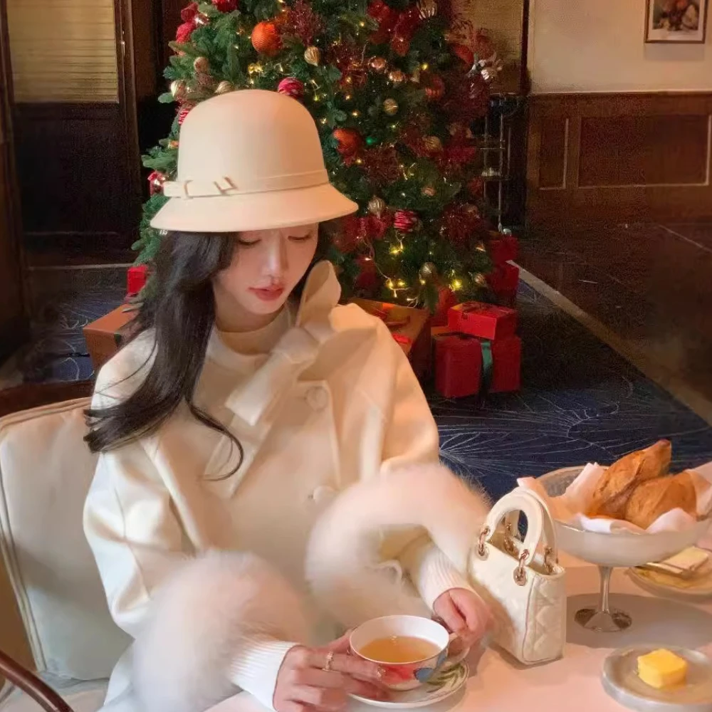 Casaco de lã de pele de raposa real moda 2025 outono inverno capa de natal dupla face casaco de caxemira feminino inverno outerwear casaco suave