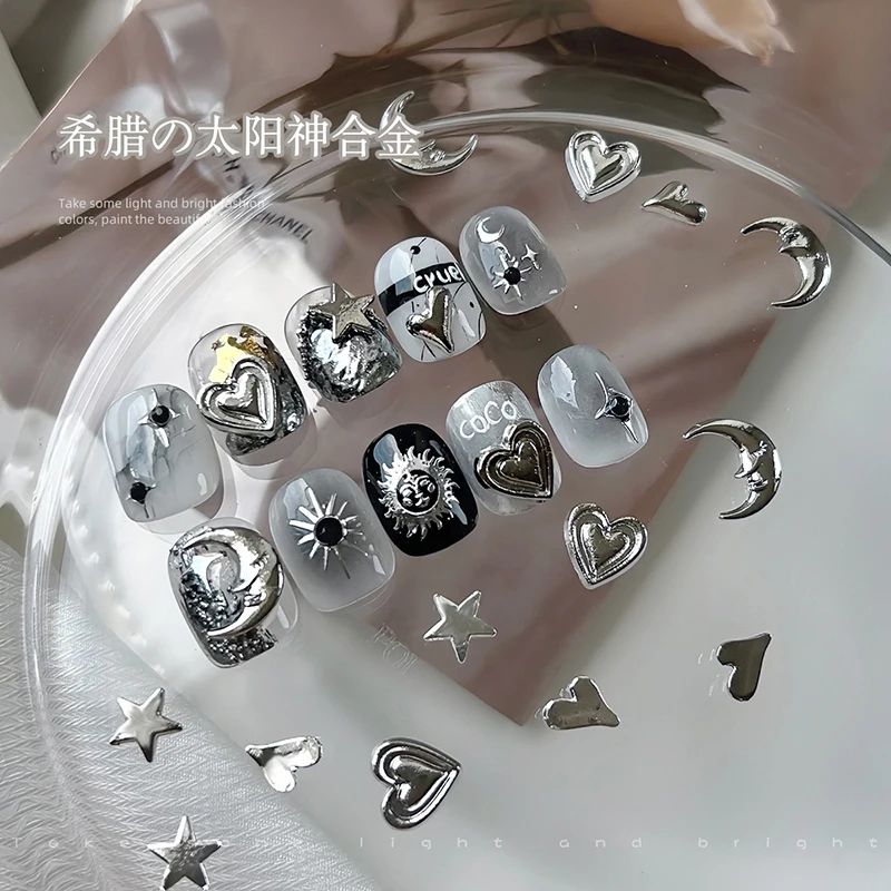 10pcs Silver Starlight Moon Star Charms Nail Jewelry Design Ornament Metal Nail Art Decoration 3D Nail Parts DIY Manicure