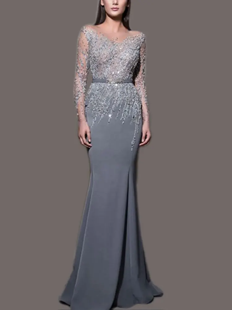 

Luxurious Arabesque Silver Sequins Mother Of Bride Dresses V-Neck Long Sleeves Illusion Gowns Formal Ocasion Evening Dress