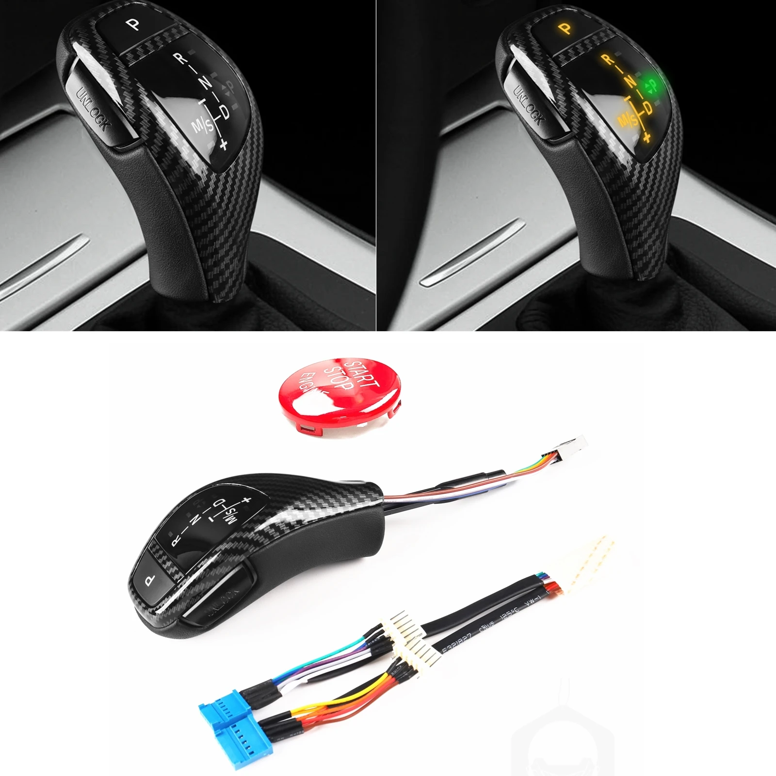 

LED Gear Shift Knob + Engine Start Stop Button Cover For BMW 1 Series E81 E82 E84 E87 E88 3 Series E90 E91 Z4 E89