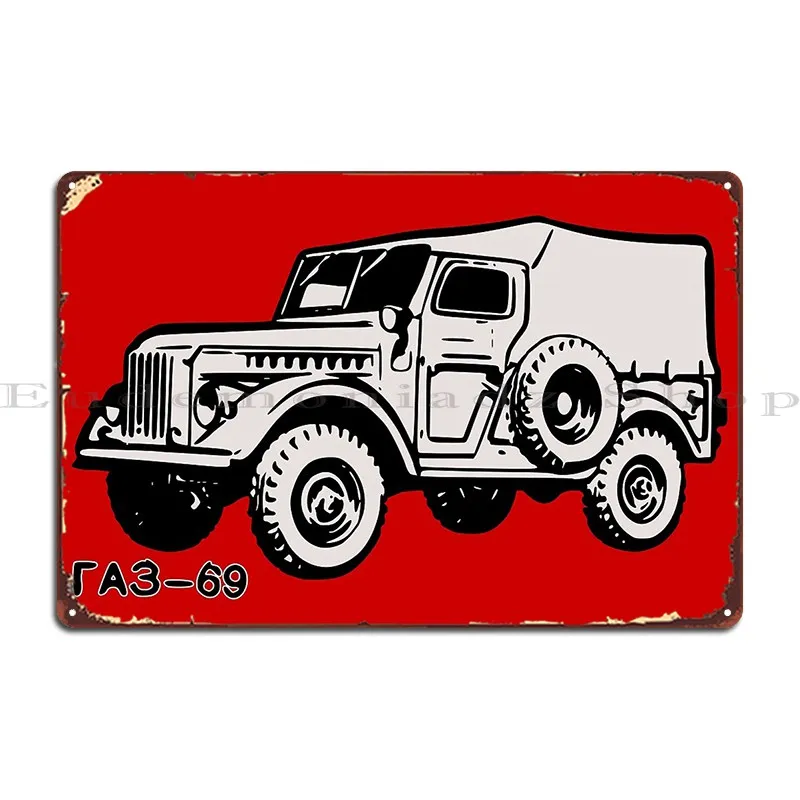 Gaz 69 Soviet Offroad Extraordinaire On Red Metal Sign Plaques Mural Cinema Wall Cave Designs Kitchen Tin Sign Poster