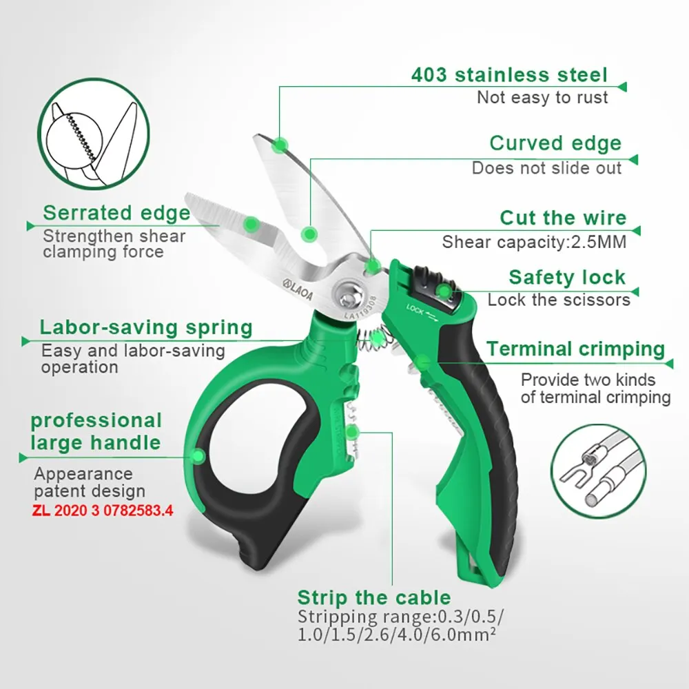 LAOA Electrician Scissors 8Inch Multifunctional Stainless Steel Cable Cutter Multi-Purpose Knife Wire Stripping Crimping Tools