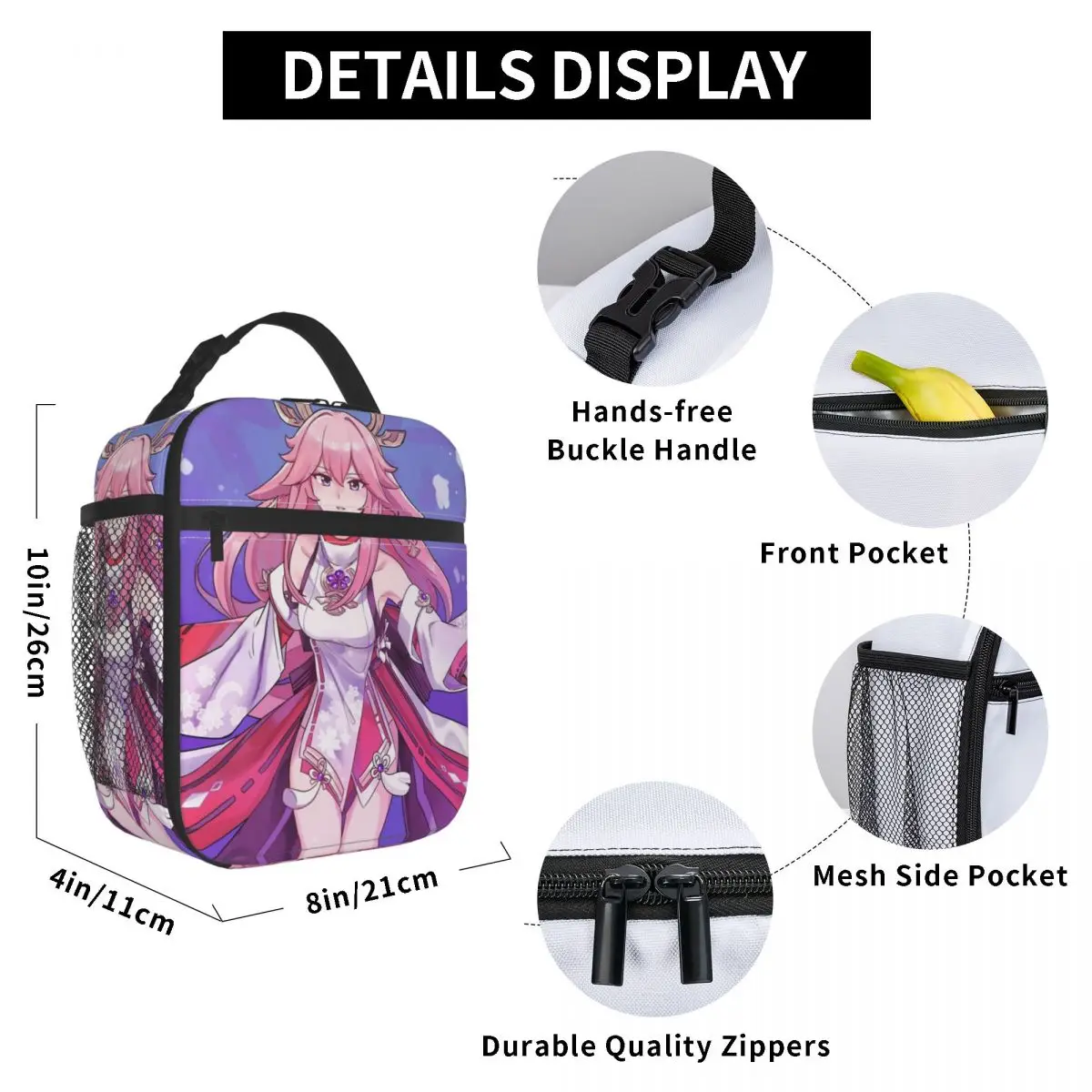 Yae Miko Genshin Impact Anime Insulated Lunch Bags, Lunch Container, Tote, Lunch Box, Escola, Viagem, Homens, Mulheres