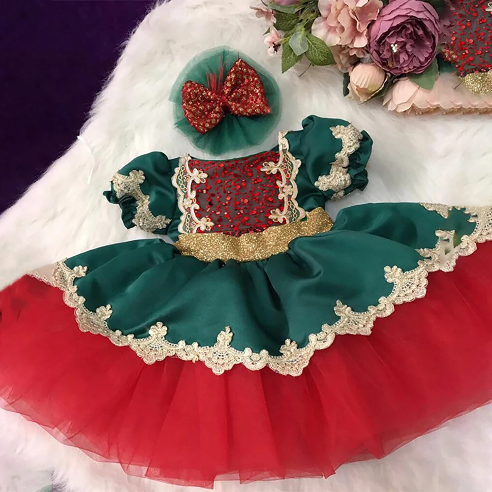 2pcs Sets Christmas Floral Party Dress Girls Green Lace Carnival Costume Kids Christening Fluffy Lolita Gown Young Flash Clothes