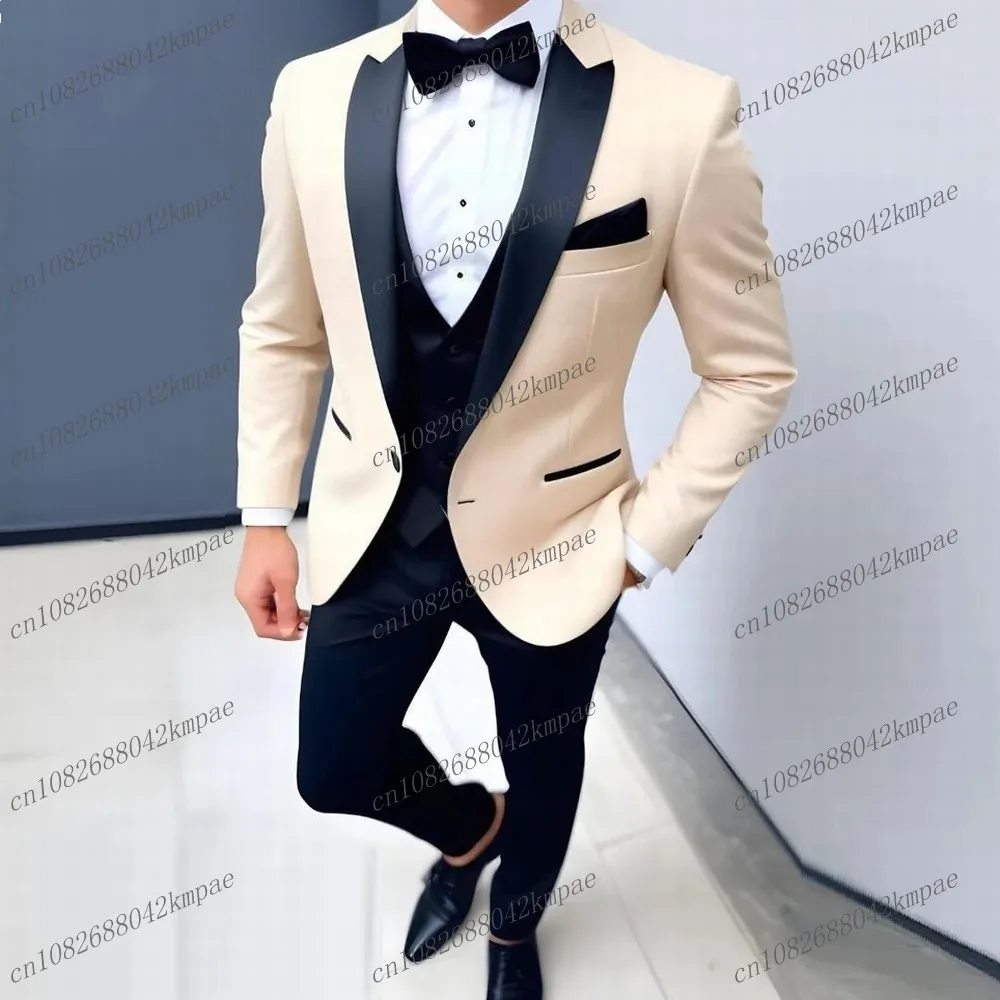 

New Ivory And Navy Blue Business Formal Men Suit Groom Groomsman Wedding Party Prom Male Tuxedos 3 Piece Set Blazer Vest Pants
