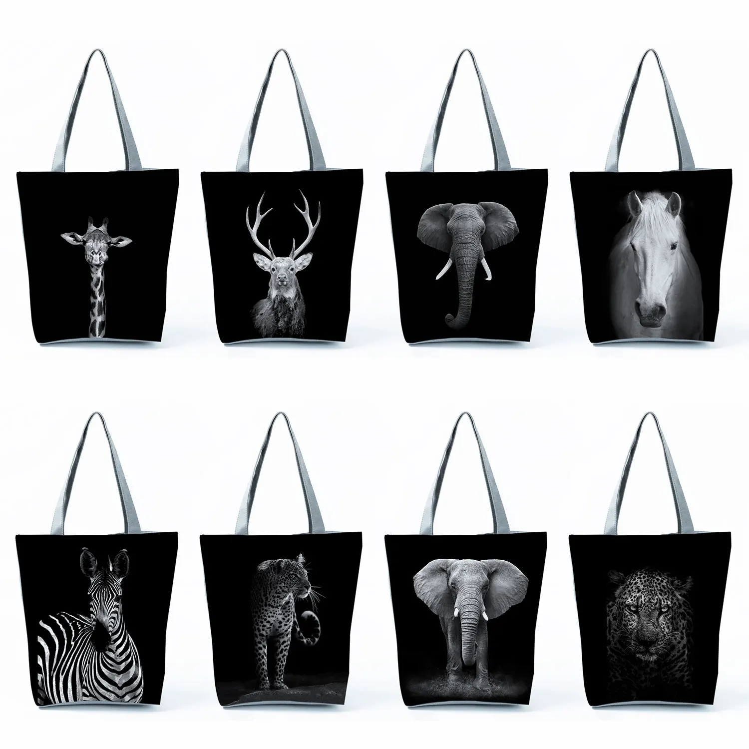 High Capacity Ladies Black Animal Handbags Giraffe Elephant Horse Print Tote Bags Eco Reusable Shoulder Shopping Bag For Women