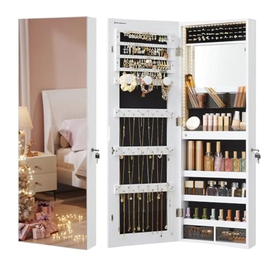 

Mirror Jewelry Cabinet Armoire Organizer Wall or Door Mount Storage Cabinet with Full-Length Frameless Lighted Mirror Built-in