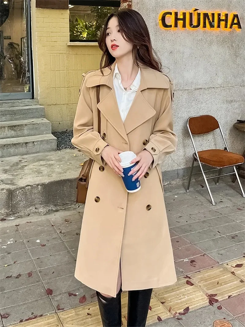 Windbreaker Women's Mid-length 2025 Spring And Autumn New Solid Color Small Popular British Style Coat Over The Knee Coat