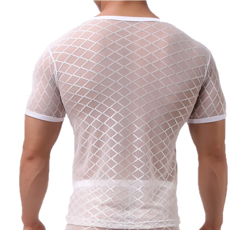 Sexy Mens Undershirts Transparent Mesh Tops Breathable Hollow Out Muscle T-Shirts Fitness See Through Tees Man Casual Homewear