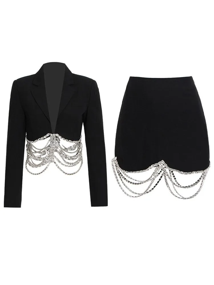 VGH Spliced Diamonds Two Piece Set For Women Notched Collar Long Sleeve Blazer High Waist Bodycon Skirts Solid Sexy Sets Female