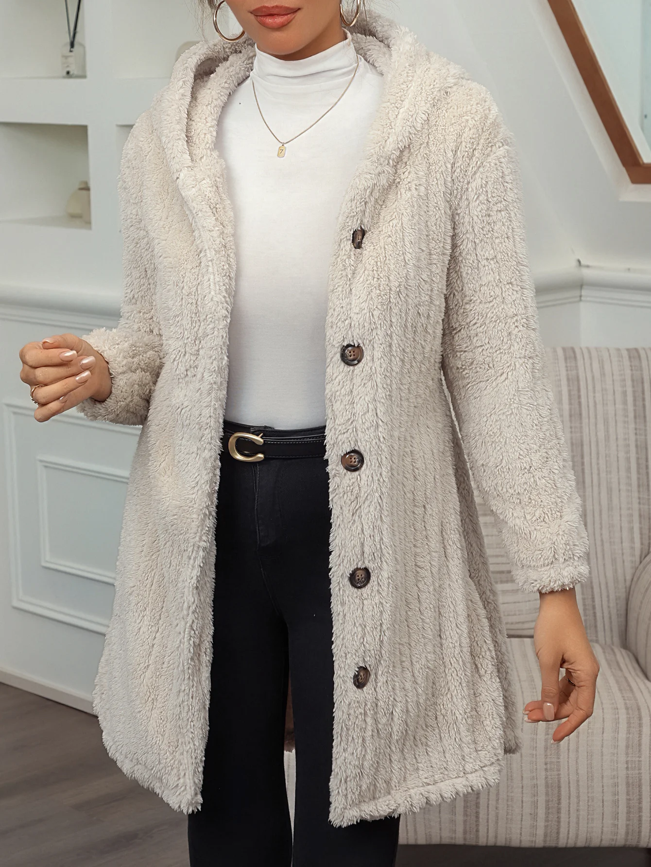 Ladies Autumn Winter New Textured Knit Button Decorated Long Sleeve Plush Hooded Jacket Soft Cozy Fashionable Outerwear