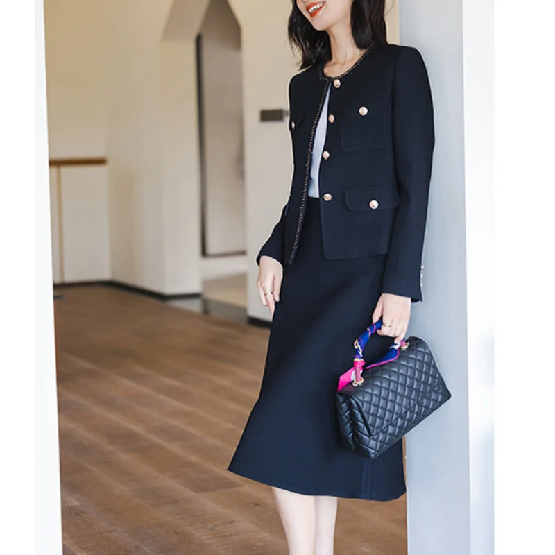 

Black Acetate Fiber Blazers Set Autumn Women Luxury Collarless Skirts Suits Xiaoxiangfeng Jacket Suit Button Long Sleeves Coats