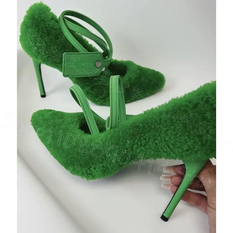 Green Lamb Wool Shallow Pointed Toe Pumps Buckle Strap Women Shoes Thin High Heels Party Feast Dating 2026 Zapatos Para Mujere