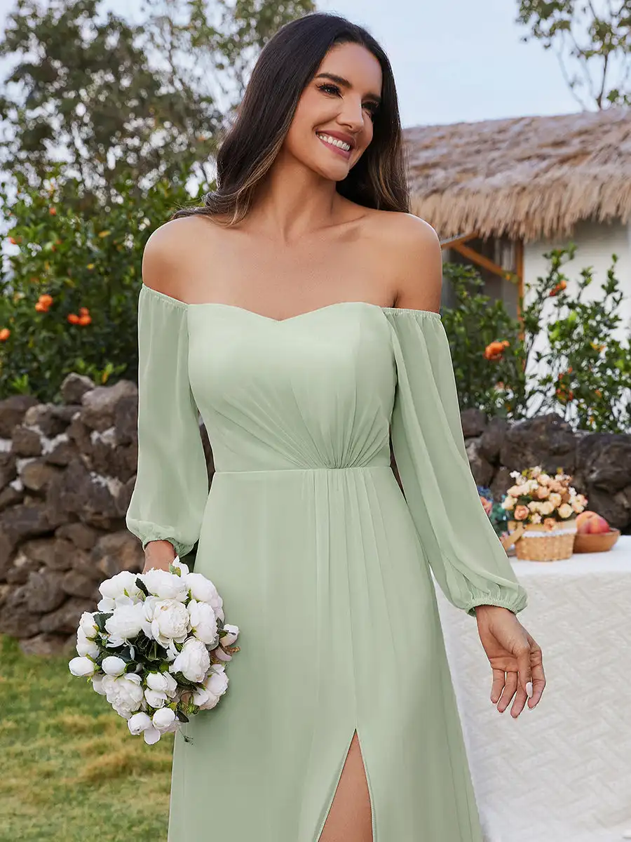 Elegante avondjurken maxi lang off-shoulder met lantaarnmouwen 2025, ooit mooi van chiffon mintgroen bruidsmeisjesjurk