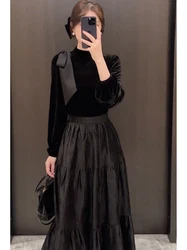 Elegant Black Velvet Patchwork Midi Dresses for Women 2023 Autumn New Vintage Fashions Long Sleeve Evening Party Female Clothing