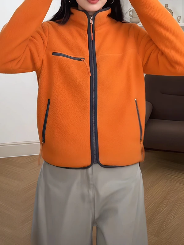 

Женская флисовая куртка с воротником-стойкой, свободная повседневная верхняя одежда больших размеров, модная, с цветными блоками, на молнии, осень-зима, новинка