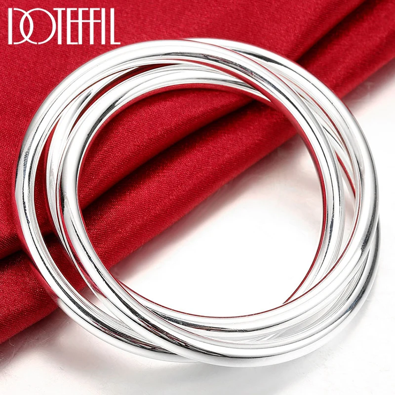 DOTEFFIL 925 Sterling Silver Three Lines Smooth Bangle Bracelet For Women Man Fashion Wedding Engagement Party Jewelry