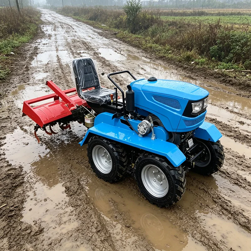 Tractor de Ruedas Mejorado y Personalizado con Máquina de Arar de Cuatro Ruedas y Cultivador de Ruedas