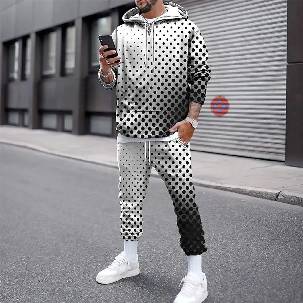 Grappige 3D Polka Dot Print Heren Hoodies Set Herfst Winter Casual Sweatshirt Joggingbroek 2-delige Mode Losse Straat Kleding Pak