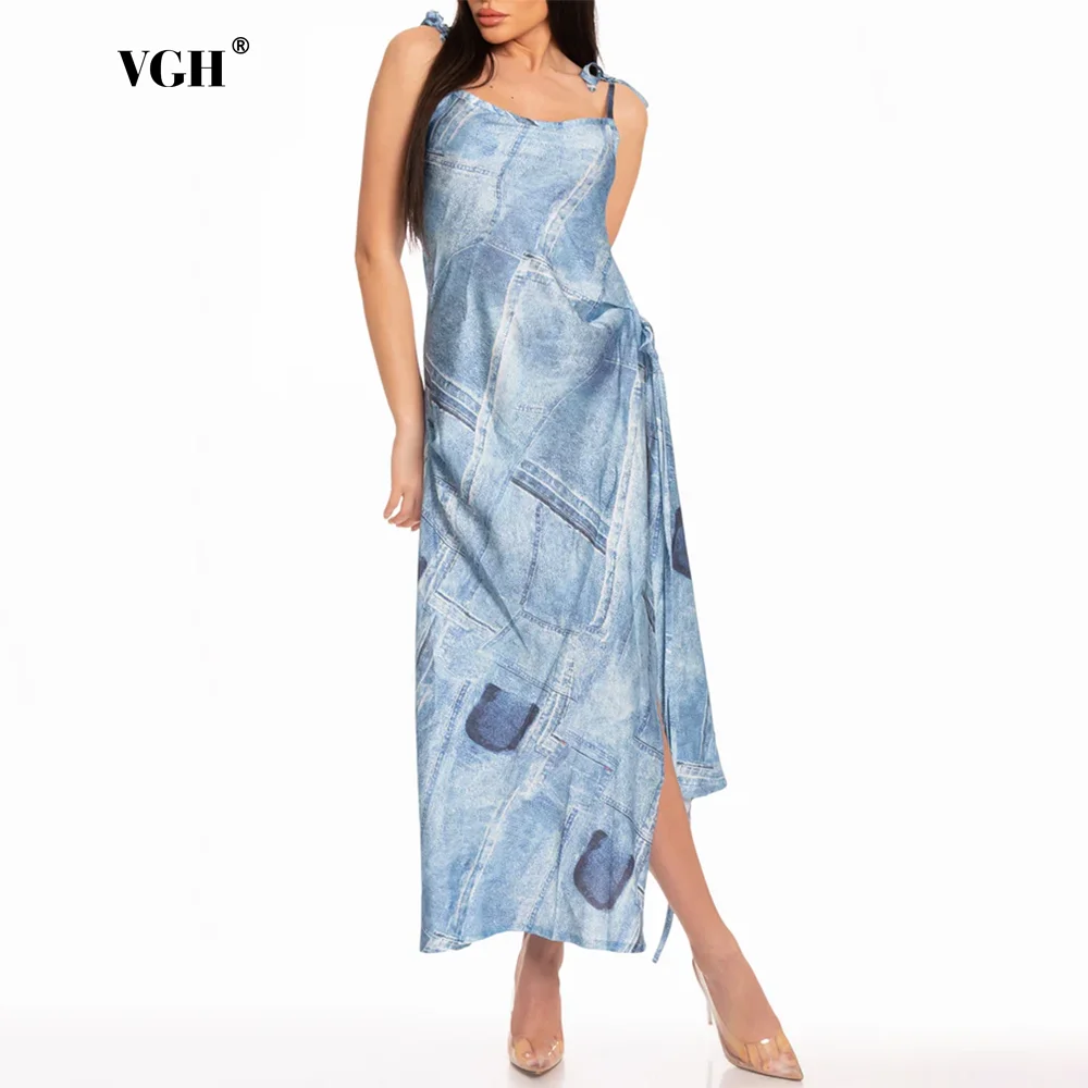 VGH Printing Patchwork Lace Up Thigh Split Dress For Women Square Collar Sleeveless Backless High Waist Slim Long Dresses Female