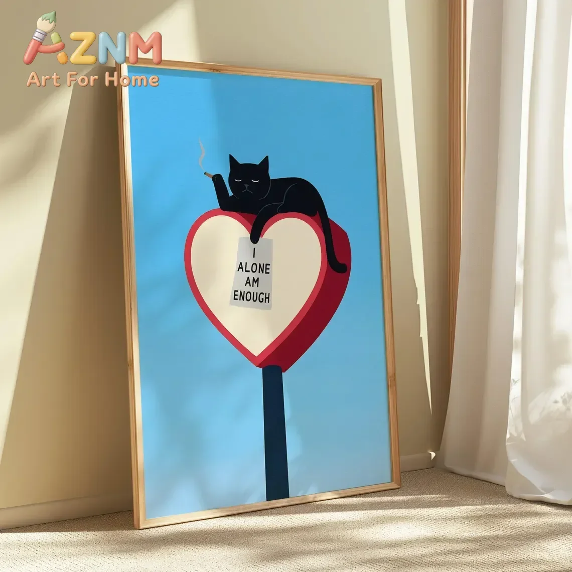AZNM Frameless Canvas Wall Art Black Cat On Heart Sign Print I Alone Am Enough Funny Cartoon Poster Modern Home Wall Decor