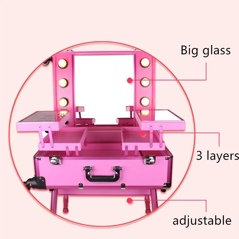 Aluminum frame Professional Rolling Studio Makeup Artist Cosmetic Case Beauty Trolley suitcase LED Light Mirror Box Pink Luggage