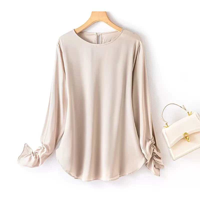 BirdTree, 93% Silk 7%Spandex, Women Solid Lantern Sleeve T-Shirts, Elegant Fashion Tee, 2024 Spring Summer New Top T43280QM image 2