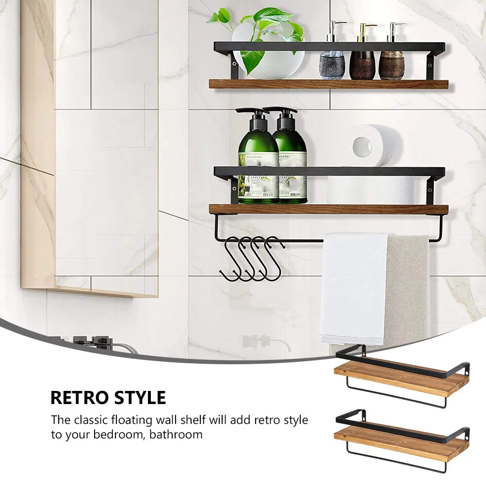 

Wall Mounted Storage Shelf 2 Towel Racks 8 Hooks Floating Pine Wood Bathroom Kitchen Bedroom Office