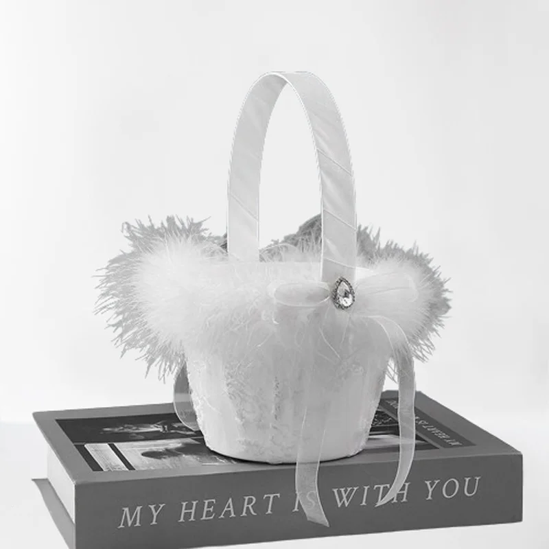 Cesta de flores de encaje de plumón occidental, cesta de flores blanca para boda al aire libre, suministros de boda de mano