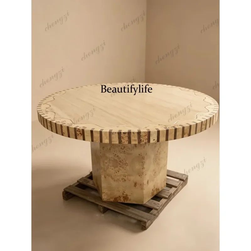 NQ52 Medieval French solid wood tree tumor rock slab cave stone round dining table household striped eating table surprise quiet