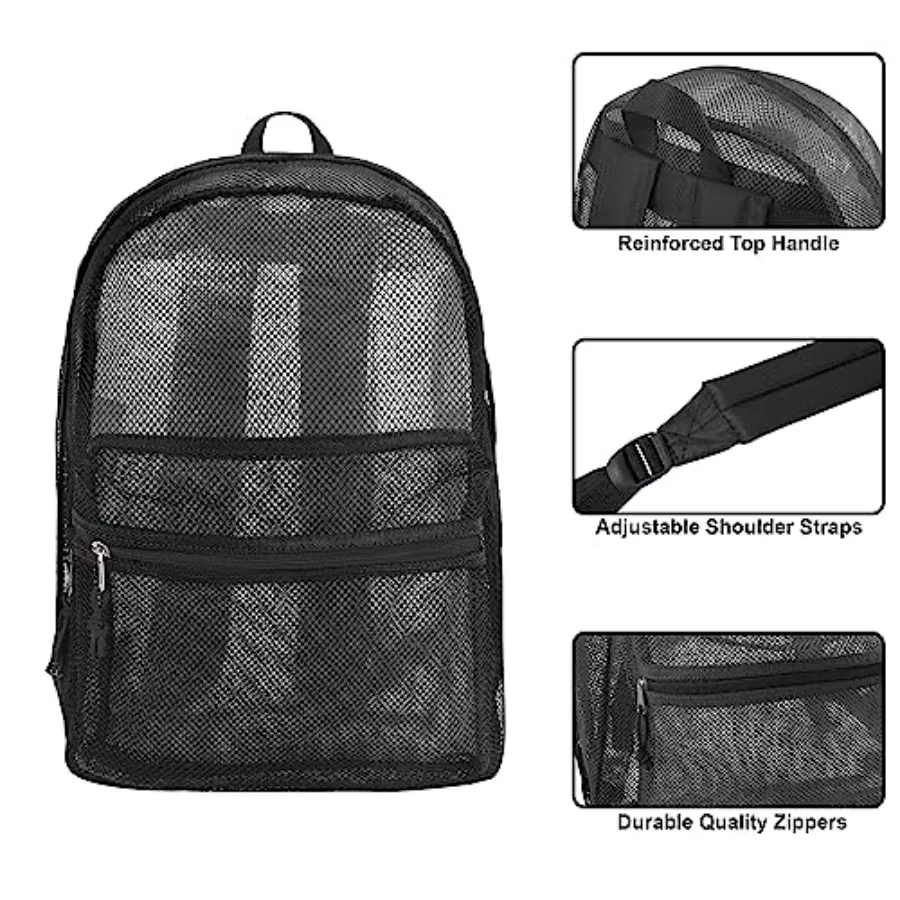Transparent Mesh Backpacks for School,Beach, Travel - Mesh See Through Backpack with Padded Straps Large