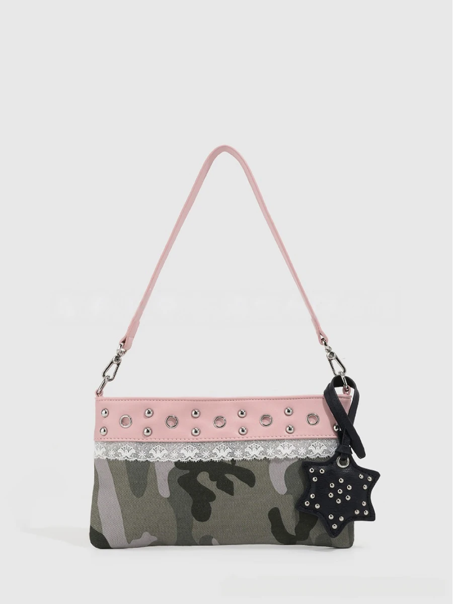 Lace Rivet Studded Underarm Shoulder Bag Sweet Fashion Camouflage Patchwork Handbag Trendy Street Style Purse Crossbody Bag