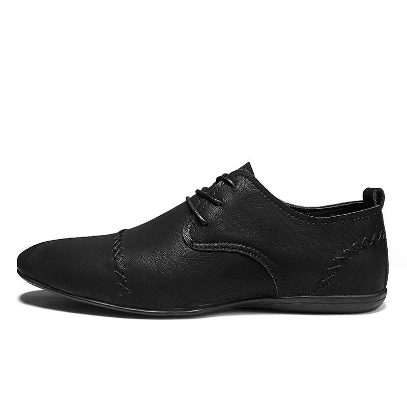 Hand Stitched Fashionable Leather Casual Shoes for Men Lace Up Non-slip Business Comfortable Leisure Flats