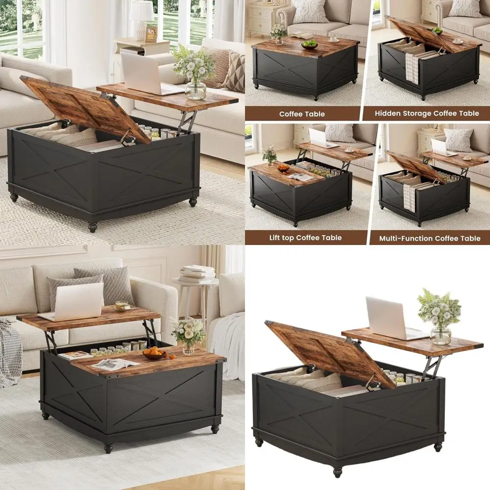 

Квадратный журнальный столик с подъемным верхом в фермерском доме и местом для хранения вещей, большое скрытое отделение, идеально подходит для гостиной и домашнего офиса, черный