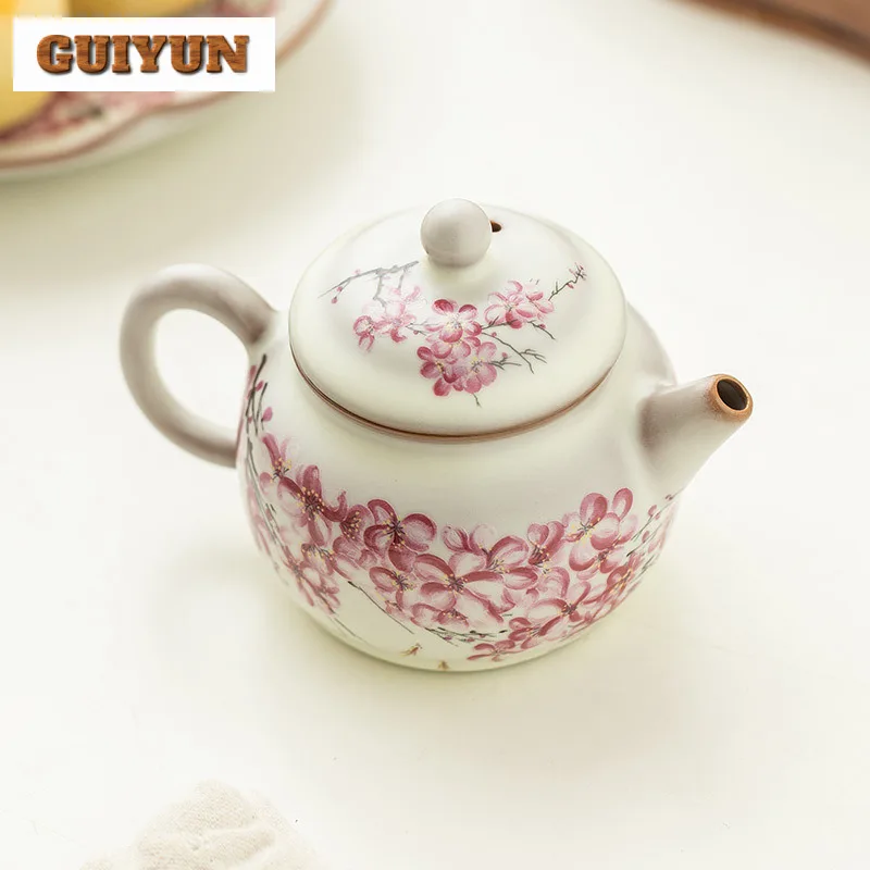 120ml Chinese Lard Jelly Ru Kiln Teapot Antique Fish Play Pear Flowers Dezhong Pot Tea Maker Kettle Chinese Women Tea Set Gift