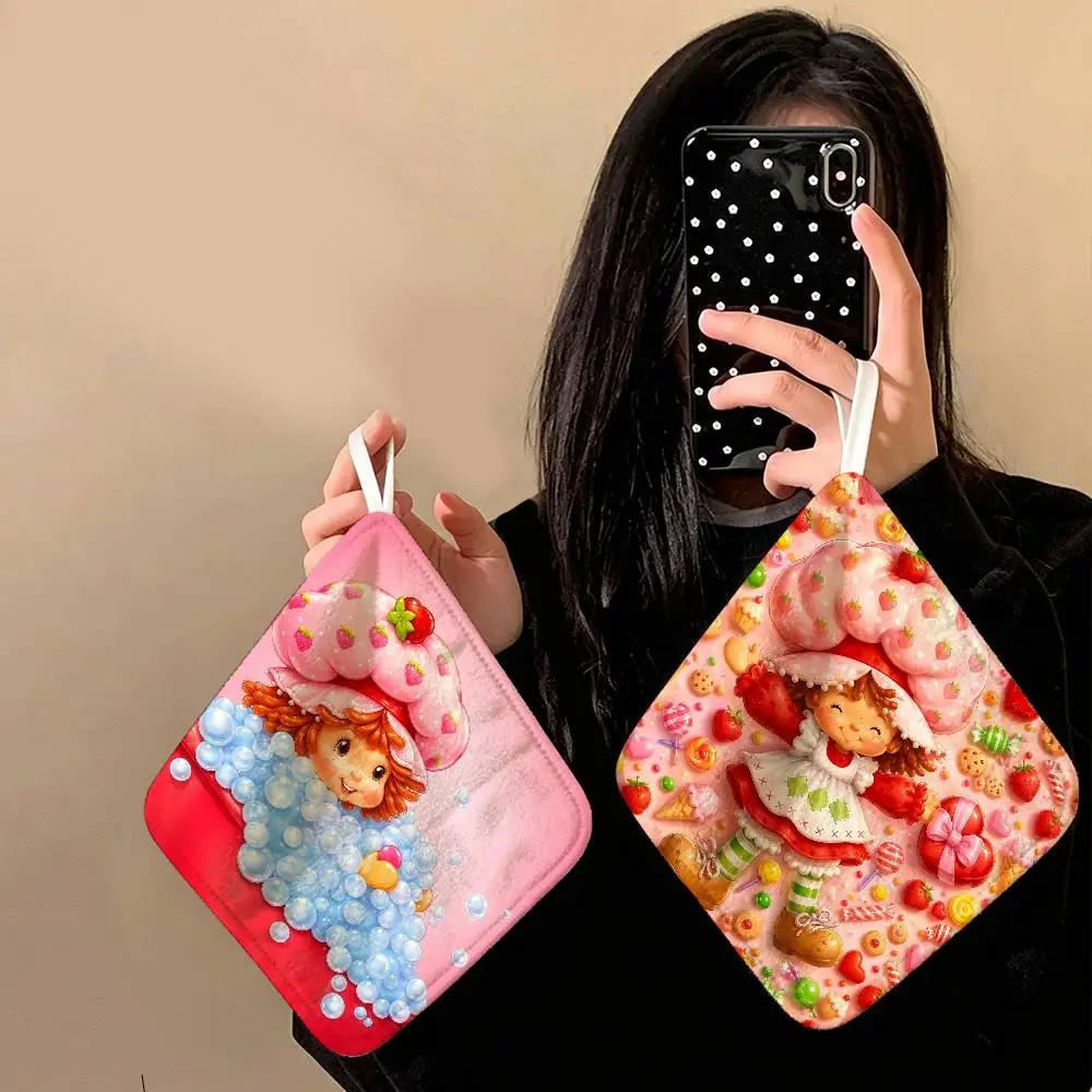 Cute S-Strawberry S-Shortcake-Girl Hanging Kitchen Towel, Polyester Cotton Material, Wear Resistant Hand Wiping Towel for Home