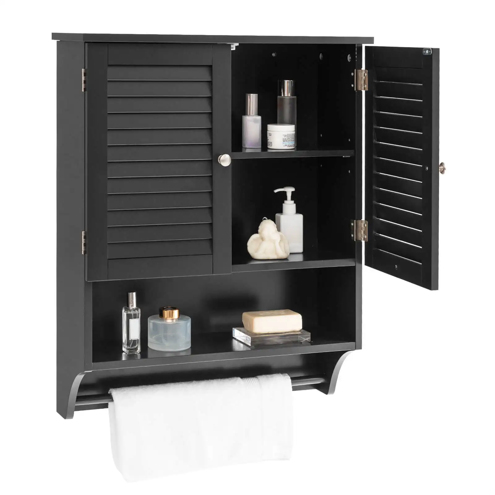 Bathroom Wall Mounted Medicine Cabinet w/ Louvered Doors & Towel Bar Black