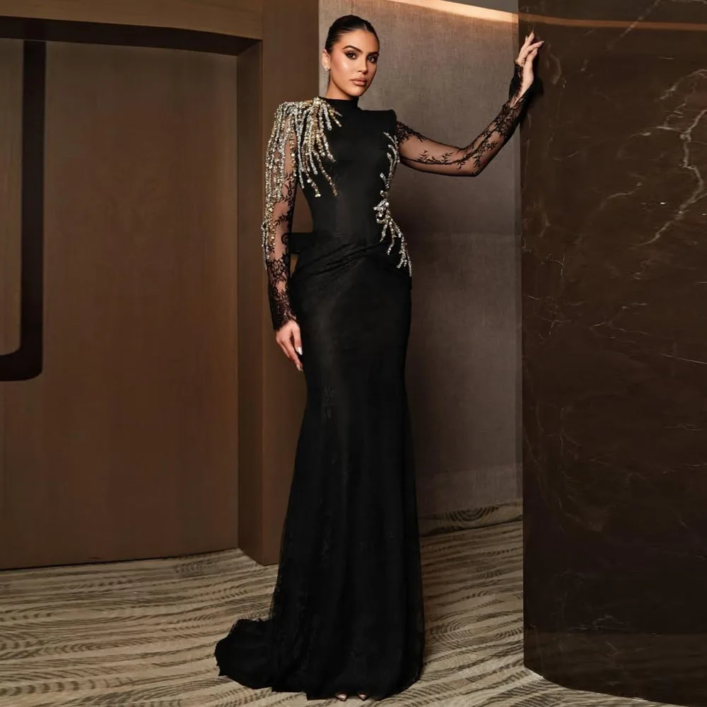 

Customized Elegant Lace Evening Dress Beaded Sequin Detail Formal Occasion Gown Mesh Sleeve Mermaid Birthday Party Dresses