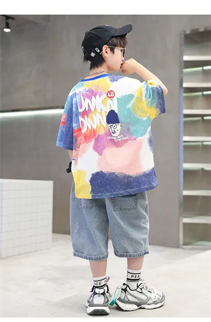Sommer Tie-Dye Coole Kinder Jungen Freizeit-Oberteile Bedrucktes Trendiges Kinder-T-Shirt Kurzarm Teenager-T-Shirts Baumwoll-T-Shirt 4-14 Jahre Alt – Detail 2