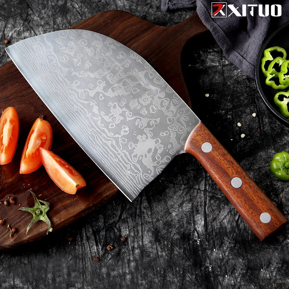 Forging Serbian Chef Knife Full Tang High Carbon Clad Steel Kitchen Chef Knife Ultra Sharp Butcher Cleaver Damascus laser patter