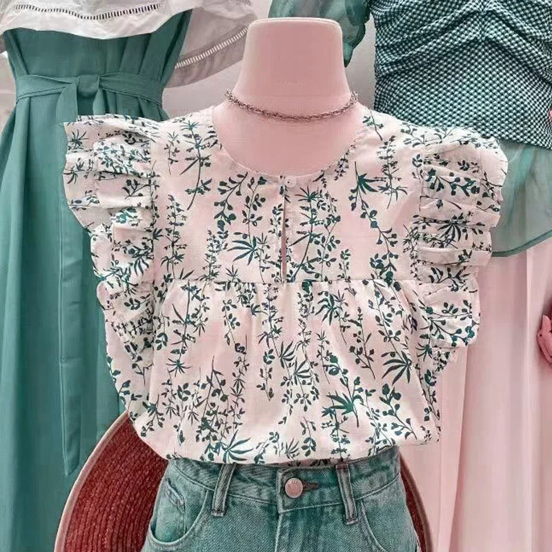 Letnia koszula damska 2024 New Vintage Flying Sleeve Floral Printed Tops Round Neck Casual Loose Ruffles Pullovers Blouse