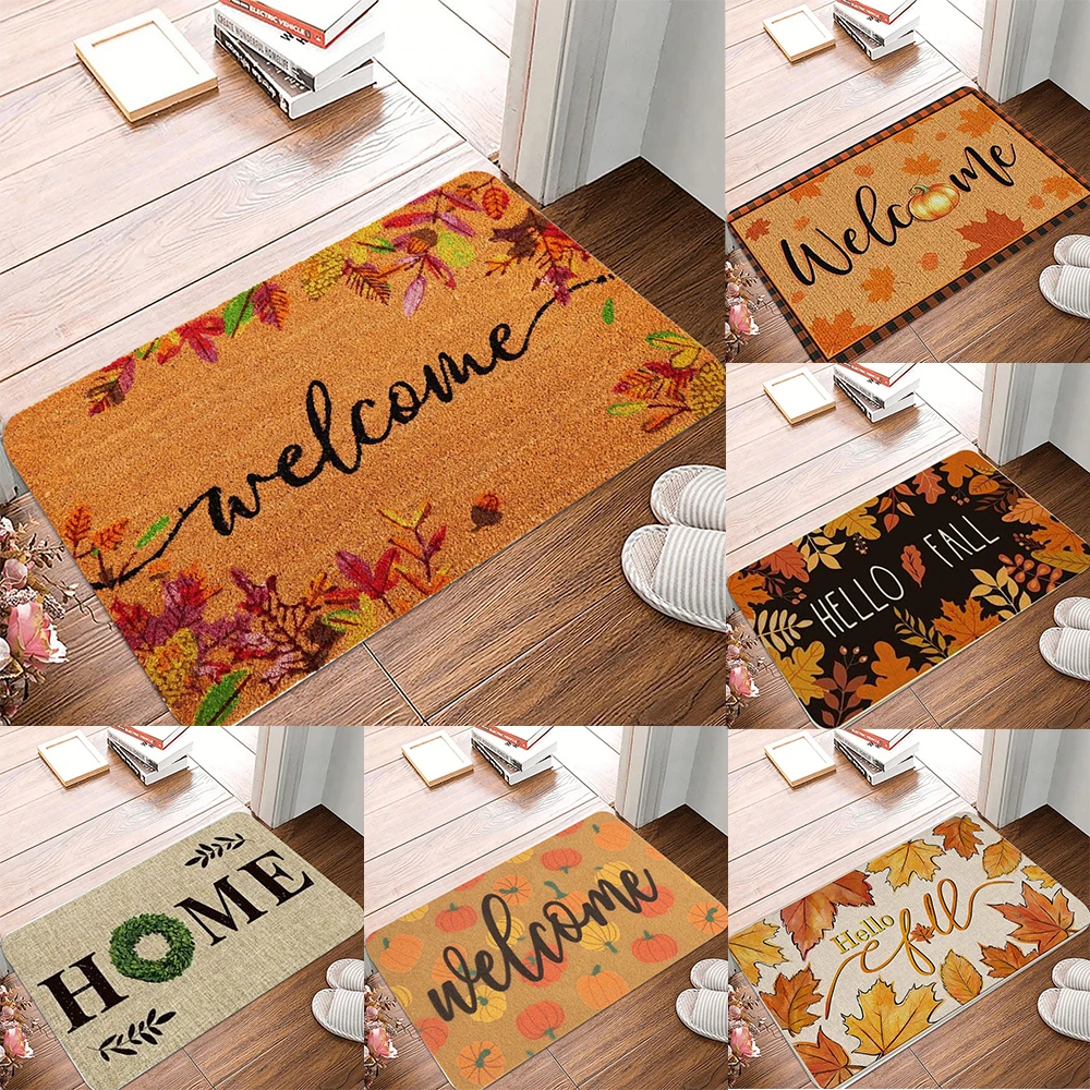 Autumn Theme Door Mat Various Fall Patterns Like Maple Leaves Pumpkins and 