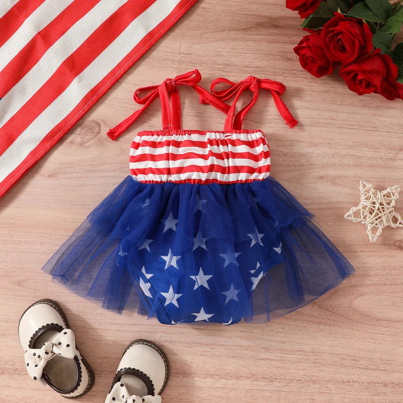 

Baby Girls Independence Day Romper Dress Sleeveless Stars Stripe Print Tulle Patchwork Playsuit