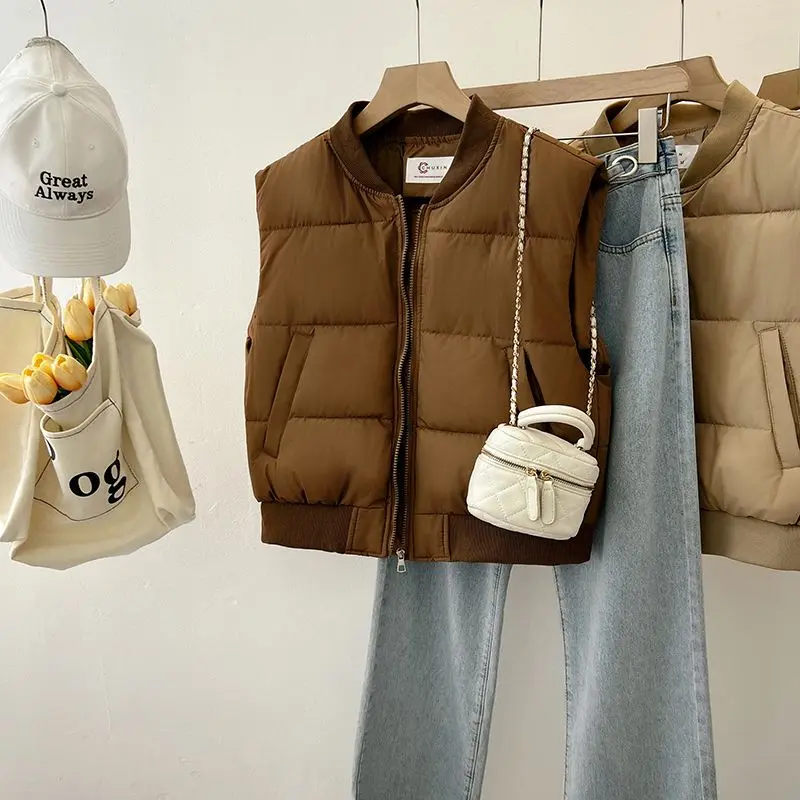 Veste chaude à fermeture éclair pour femmes, gilet court léger rembourré en coton, vêtements d'extérieur matelassés, manteaux courts décontractés, Chic, épais, sans manches