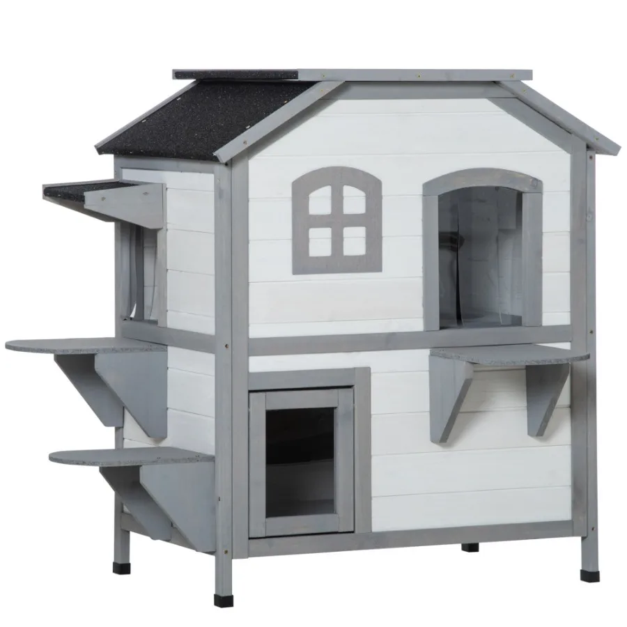 

PawHut 2story Cat House Outdoor Weatherproof Wooden Cat Enclosure for Feral Cats with Escape Door Openable Roof Jumping Platfor