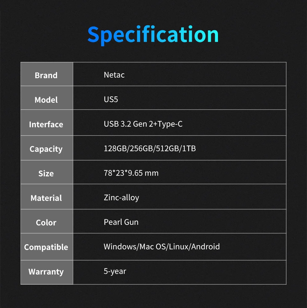 Netac US5 USB3.2 Gen 2 128G 256G 512G 1T Typ-C Solid-State-Stick 550MB/s Flash-Laufwerk USB Kostenloser Versand für Handy und Laptop – Detail 7
