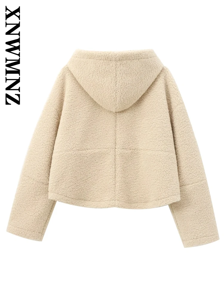 XNWMNZ Woman's 2024 Autumn/Winter Trendy Long Sleeve Beige Fleece Jacket Female Fashion Casual Hooded Collar zipper Pockets Coat