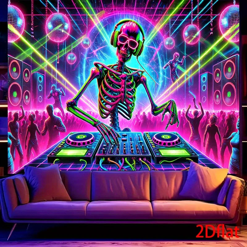 VIKAMA Halloween Gothic Wall Tapestry Neon Dj Playing Skeleton Laser Beam Disco Ball Nightclub Carnival Cloth Party Decoration